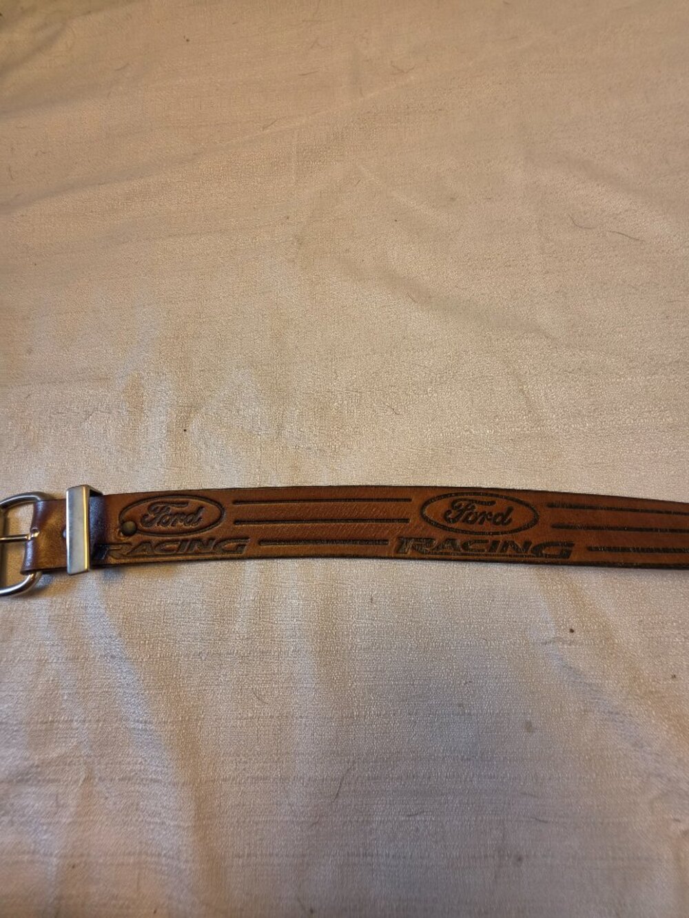 Vinrage Hand-tooled Genuine Leather Ford Racing Belt with Silver Tone Buckle - Picture 5 of 6